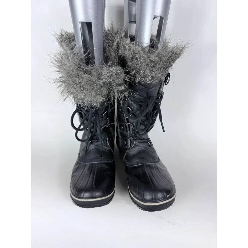 Sorel Tofino II Snow Boots Women's 9 Black Gray Faux Fur Trim Waterproof Lace-Up